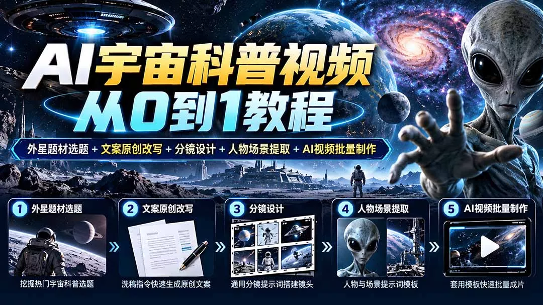 AI宇宙科普视频从0到1教程|外星题材选题+文案原创改写+分镜设计+人物场景提取+AI视频批量制作-羽哥创业课堂