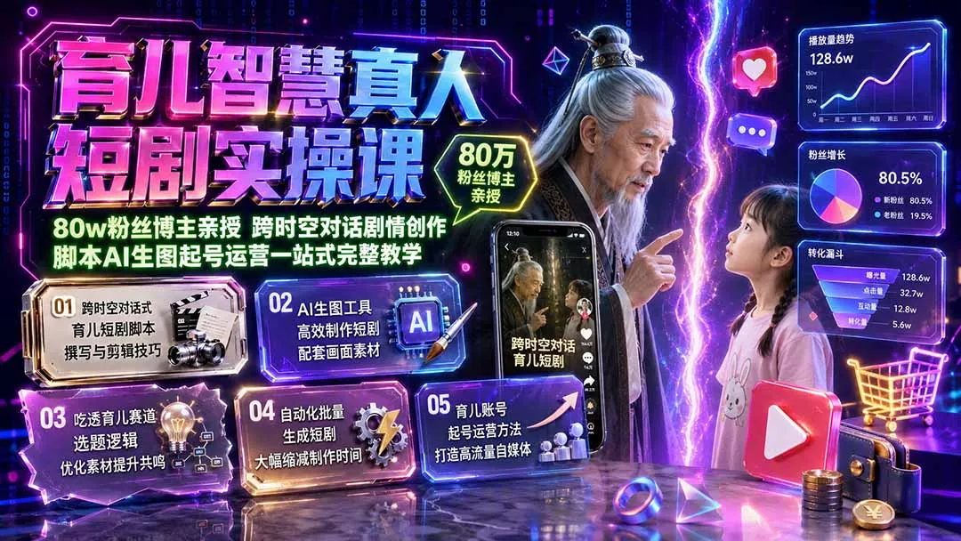 育儿智慧真人短剧实操课|80w粉丝博主亲授,跨时空对话剧情创作,脚本AI生图起号运营一站式完整教学-羽哥创业课堂