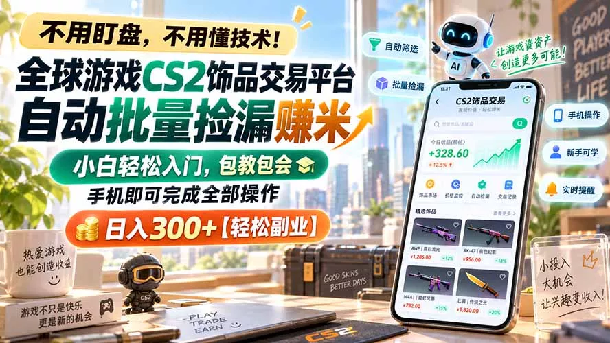 全球游戏CS2饰品交易平台自动批量捡漏赚米，小白轻松入门，包教包会，手机即可完成全部操作，日入300+【轻松副业】-羽哥创业课堂