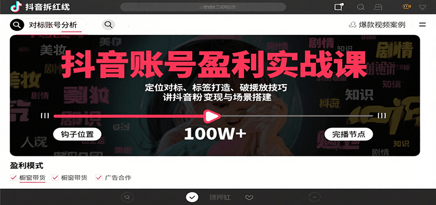 抖音账号盈利实战课，定位对标、标签打造、破播放技巧，讲涨粉变现与场景搭建-羽哥创业课堂