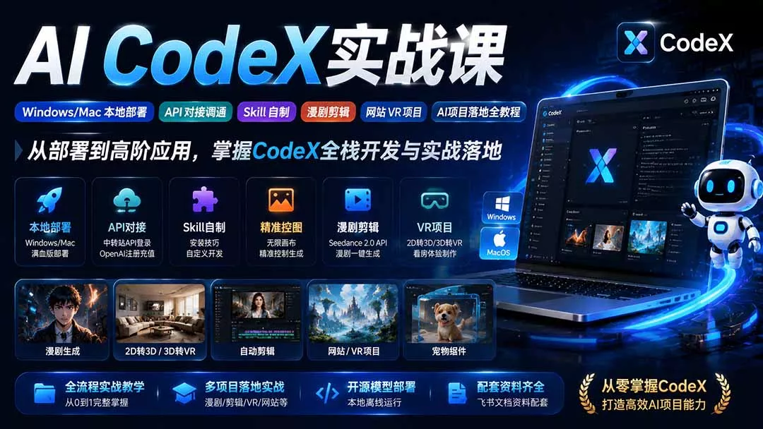 AI CodeX实战课｜Windows/Mac 本地部署｜API 对接调通｜Skill 自制｜漫剧剪辑｜网站 VR 项目｜AI项目落地全教程