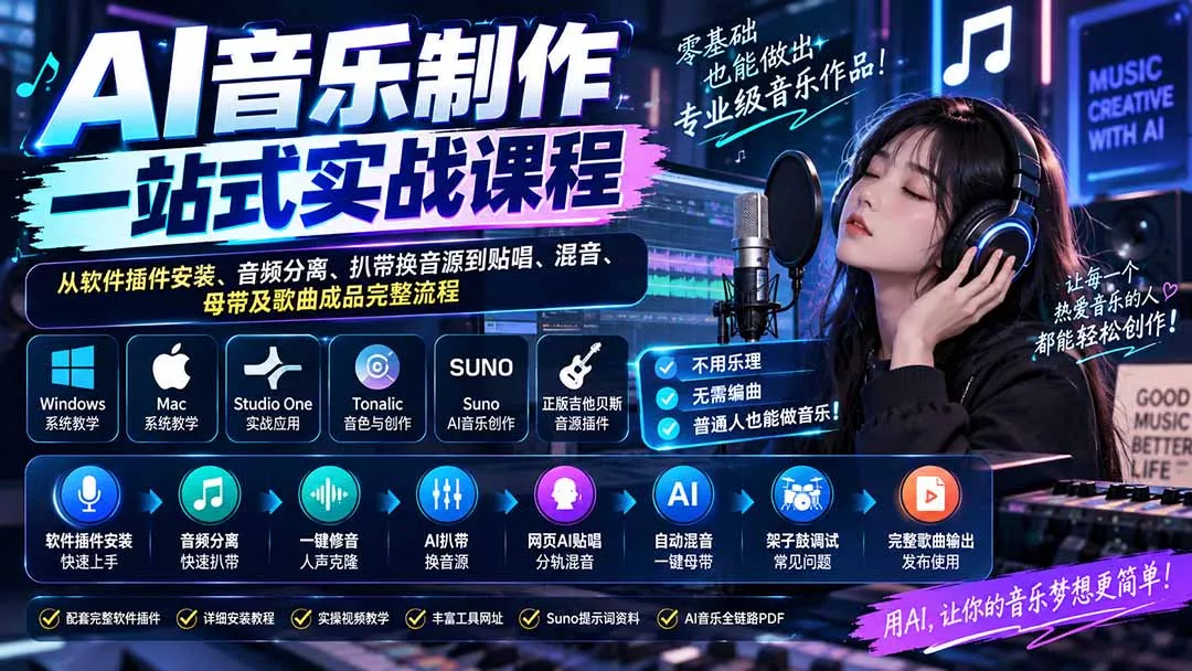 AI音乐制作一站式实战课程:从软件插件安装、音频分离、扒带换音源到贴唱、混音、母带及歌曲成品完整流程-羽哥创业课堂