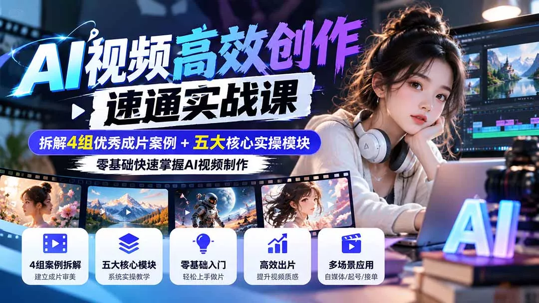 【无水印】AI视频高效创作速通实战课：拆解4组优秀成片案例+五大核心实操模块，零基础快速掌握AI视频制作-羽哥创业课堂
