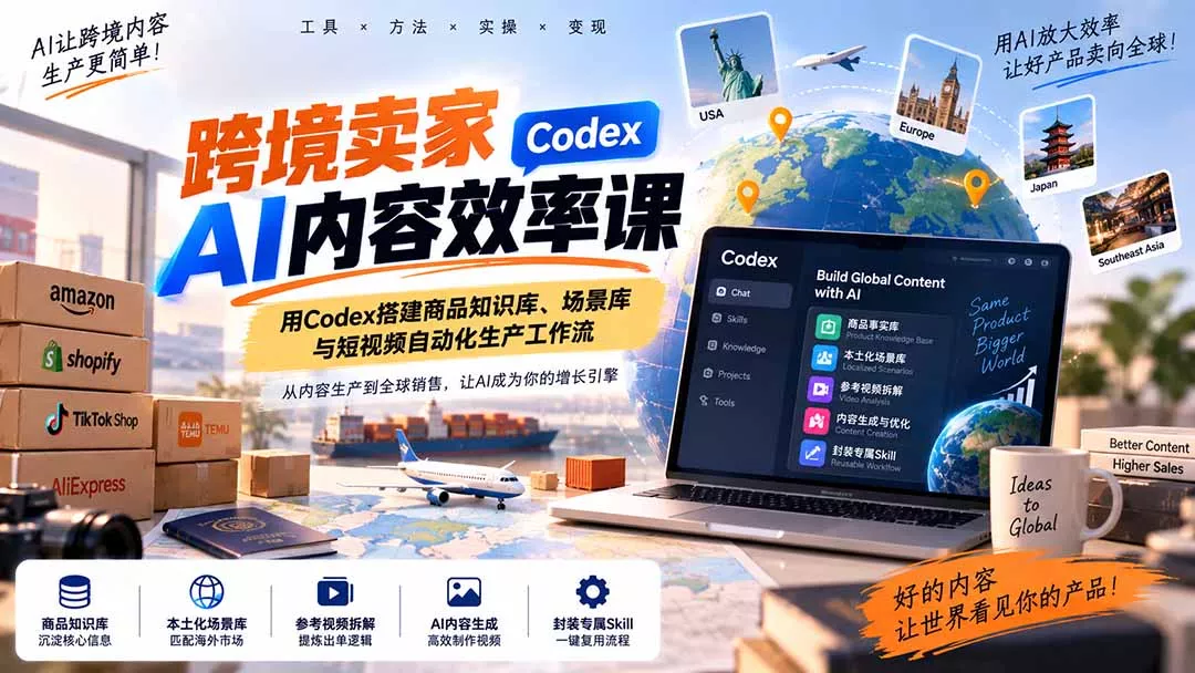 跨境卖家AI内容效率课:用Codex搭建商品知识库、场景库与短视频自动化生产工作流-羽哥创业课堂