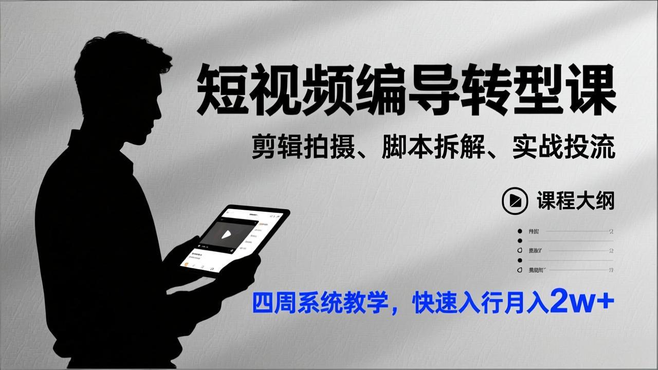 短视频编导转型课,剪辑拍摄、脚本拆解、实战投流,四周系统教学,快速入行月入2w+-羽哥创业课堂