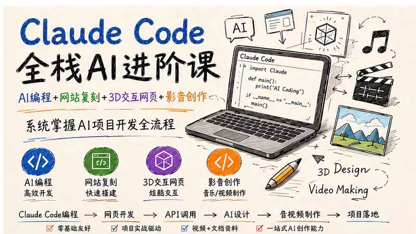 Claude Code全栈AI进阶课；AI编程+网站复刻+3D交互网页+影音创作，系统掌握AI项目开发全流程-羽哥创业课堂