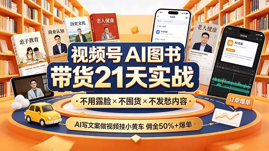视频号AI图书带货21天实战:不用露脸×不囤货×不发愁内容,AI写文案做视频挂小黄车,佣金50%+爆单-羽哥创业课堂