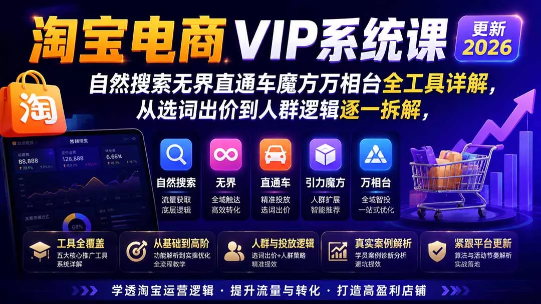 淘宝电商VIP系统课-更新8月;自然搜索无界直通车魔方万相台全工具详解,从选词出价到人群逻辑逐一拆解-羽哥创业课堂