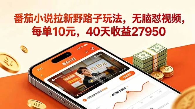 番茄小说拉新野路子玩法，无脑怼视频，每单10元，40天收益27950-羽哥创业课堂