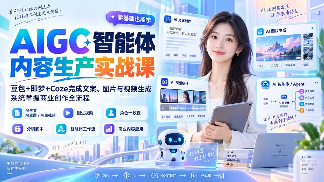 AIGC智能体内容生产实战课:豆包+即梦+Coze完成文案、图片与视频生成,系统掌握商业创作全流程-羽哥创业课堂