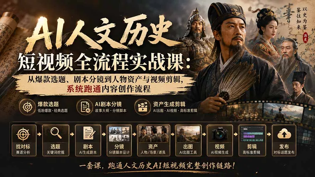 AI人文历史短视频全流程实战课：从爆款选题、剧本分镜到人物资产与视频剪辑，系统跑通内容创作流程-羽哥创业课堂