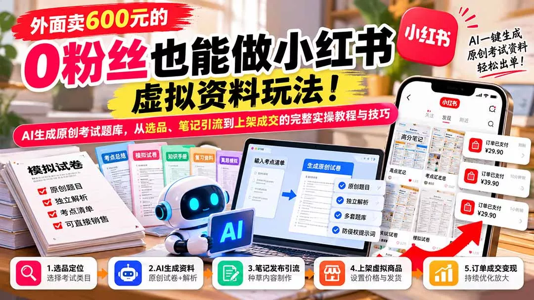 外面卖600元的 零粉丝也能做小红书虚拟资料玩法！AI生成原创考试题库，从选品、笔记引流到上架成交的完整实操教程-羽哥创业课堂