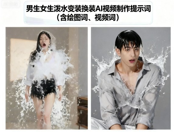 男生女生泼水变装换装AI视频制作提示词(含绘图词、视频词)-羽哥创业课堂