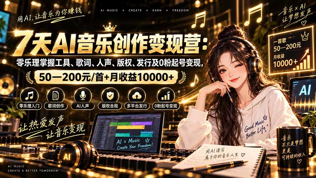 AI音乐创作变现营：零乐理掌握工具、歌词、人声、版权、发行及0粉起号变现，50—200元/首+月收益10000+-羽哥创业课堂