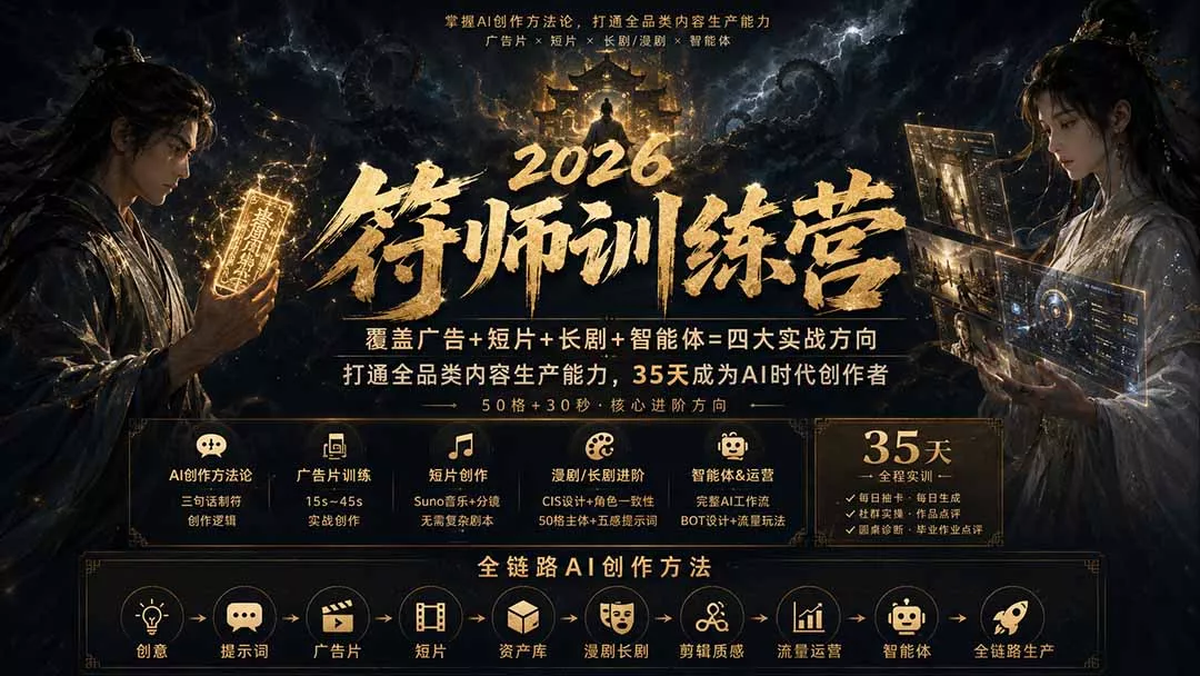 符师训练营-35天成为AI时代创作者,广告+短片+漫剧+智能体四大实战方向,掌握从创意到上线的完整工作流-羽哥创业课堂