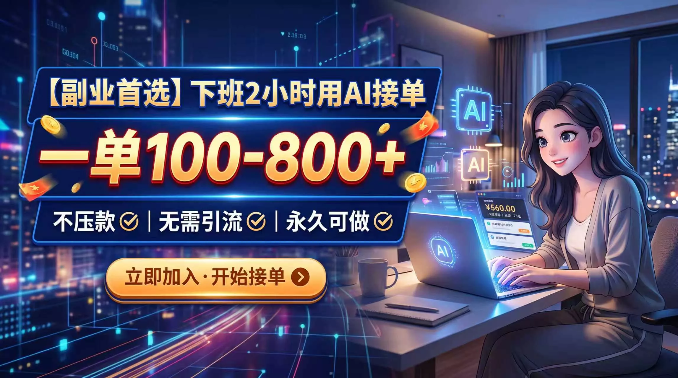 下班2小时用AI接单，一单100-800+，不压款，无需引流，永久可做-羽哥创业课堂