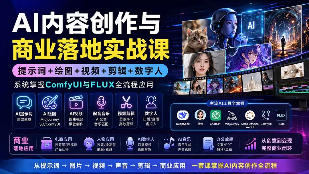 AI内容创作与商业落地实战课：提示词+绘图+视频+剪辑+数字人，系统掌握ComfyUI与FLUX全流程应用-羽哥创业课堂