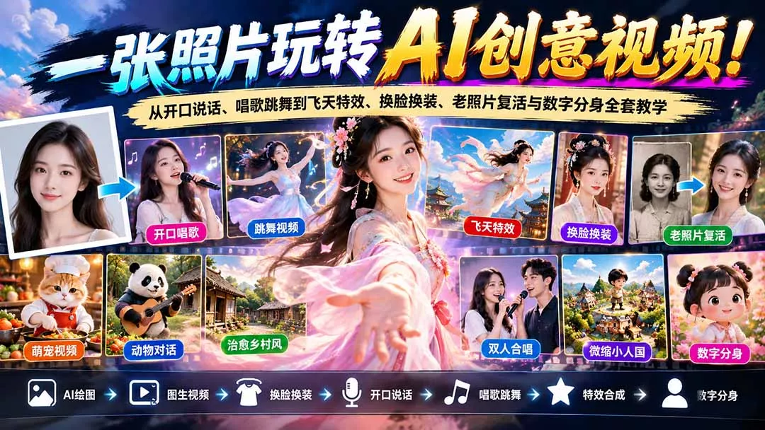 一张照片玩转AI创意视频!从开口说话、唱歌跳舞到飞天特效、换脸换装、老照片复活与数字分身全套教学-羽哥创业课堂