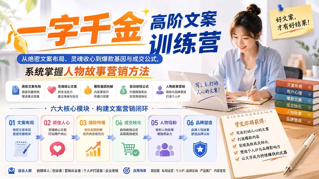 一字千金高阶文案训练营:从绝密文案布局、灵魂收心到爆款基因与成交公式,系统掌握人物故事营销方法-羽哥创业课堂
