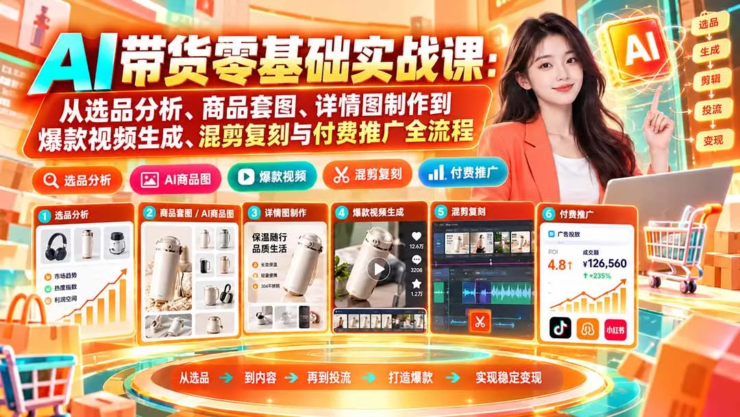 AI带货零基础实战课：从选品分析、商品套图、详情图制作到爆款视频生成、混剪复刻与付费推广全流程-羽哥创业课堂