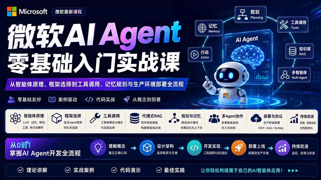 微软AI Agent零基础入门实战课:从智能体原理、框架选择到工具调用、记忆规划与生产环境部署全流程-羽哥创业课堂