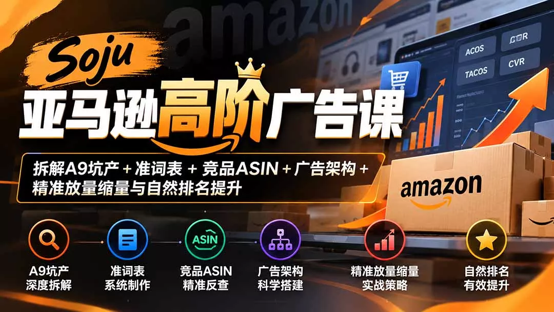 Soju亚马逊高阶广告课：拆解A9坑产+准词表+竞品ASIN+广告架构+精准放量缩量与自然排名提升-羽哥创业课堂