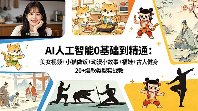 AI人工智能0基础到精通：美女视频+小猫做饭+动漫小故事+福娃+古人健身，20+爆款类型实战教学-羽哥创业课堂