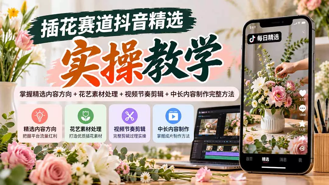 插花赛道抖音精选实操教学:掌握精选内容方向+花艺素材处理+视频节奏剪辑+中长内容制作完整方法-羽哥创业课堂
