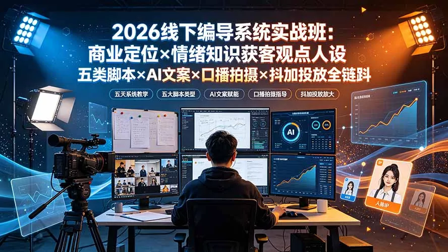 2026线下编导系统实战班：商业定位×情绪知识获客观点人设五类脚本×AI文案×口播拍摄×抖加投放全链路-羽哥创业课堂