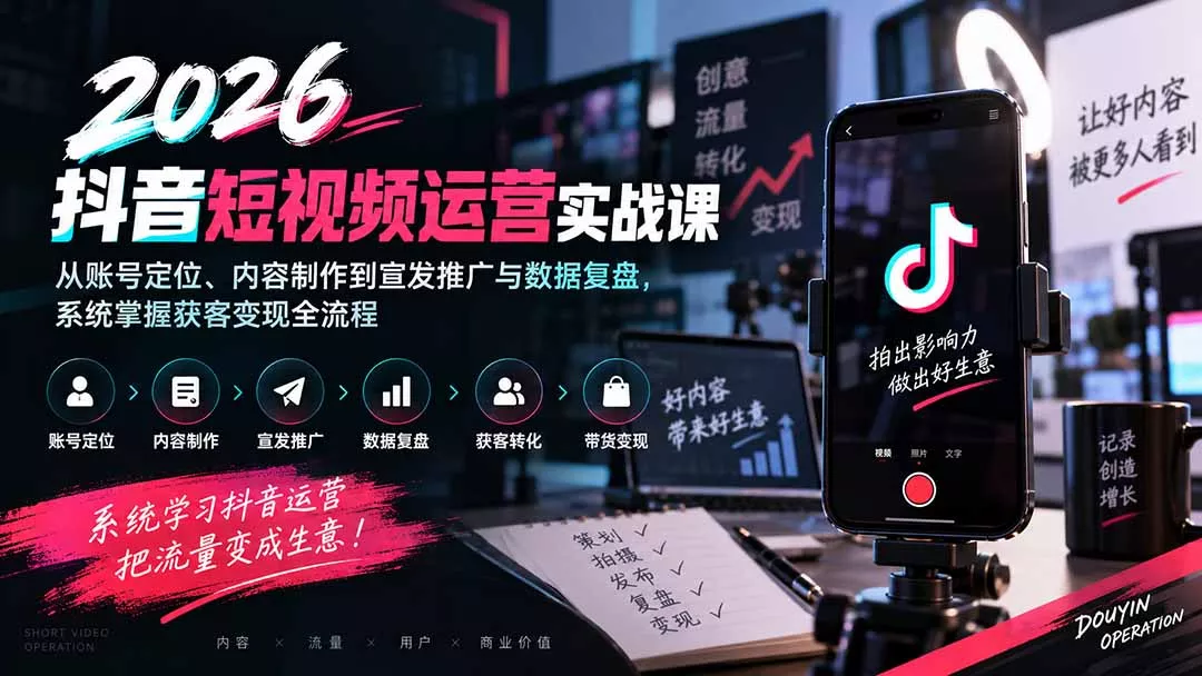 2026抖音短视频运营实战课:从账号定位、内容制作到宣发推广与数据复盘,系统掌握获客变现全流程-羽哥创业课堂