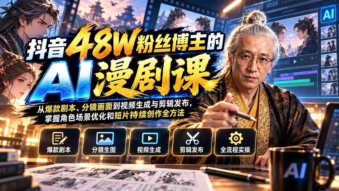抖音48W粉丝博主的AI漫剧课：从爆款剧本、分镜画面到视频生成与剪辑发布，掌握角色场景优化和短片持续创作全方法