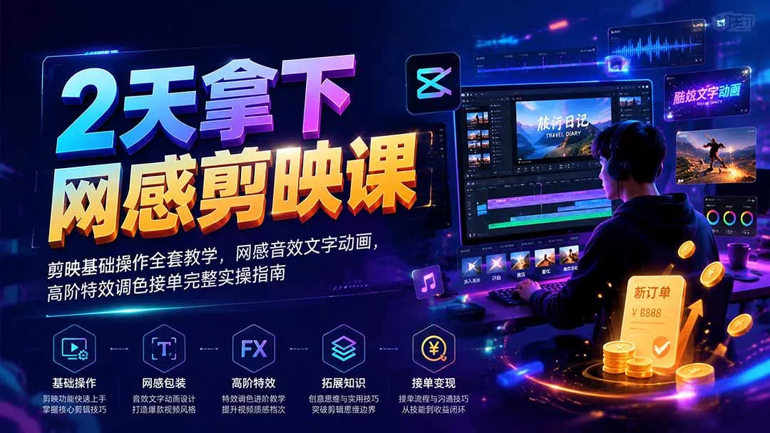 2天拿下网感剪辑课｜剪映基础操作全套教学，网感音效文字动画，高阶特效调色接单完整实操指南-羽哥创业课堂