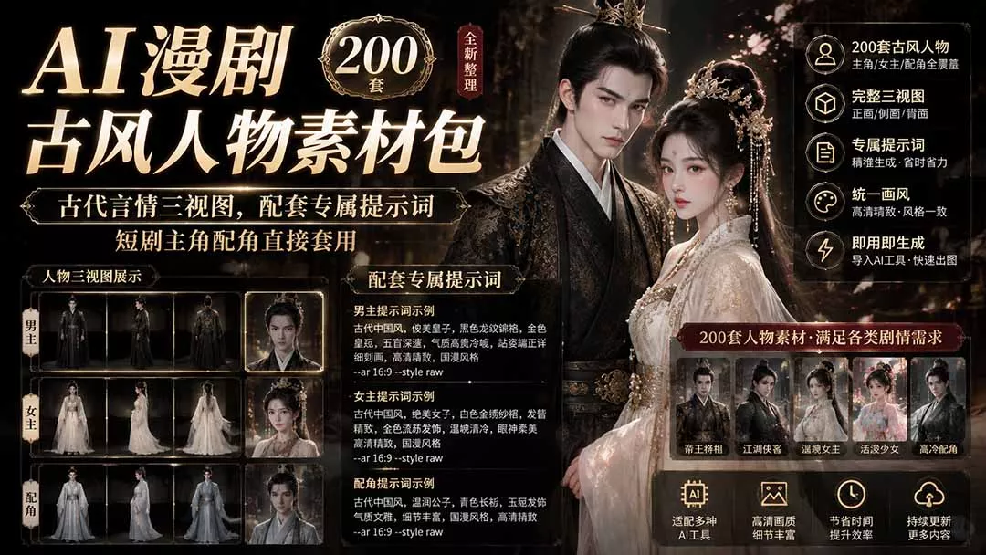 AI漫剧古风人物素材包+提示词|200 套古代言情三视图,配套专属提示词短剧主角配角直接套用-羽哥创业课堂