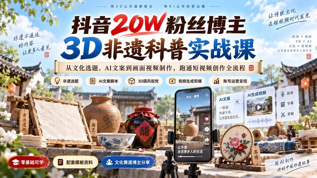 抖音20W粉丝博主3D非遗科普实战课:从文化选题、AI文案到画面视频制作,跑通短视频创作全流程-羽哥创业课堂