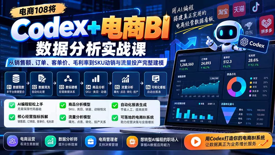 Codex+电商BI数据分析实战课-更新:从销售额、订单、客单价、毛利率到SKU动销与流量投产完整建模-羽哥创业课堂