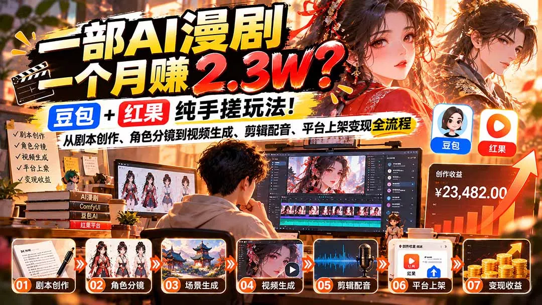 一部AI漫剧一个月赚2.3W?豆包+红果纯手搓玩法!从剧本创作、角色分镜到视频生成、剪辑配音、平台上架变现全流程-羽哥创业课堂