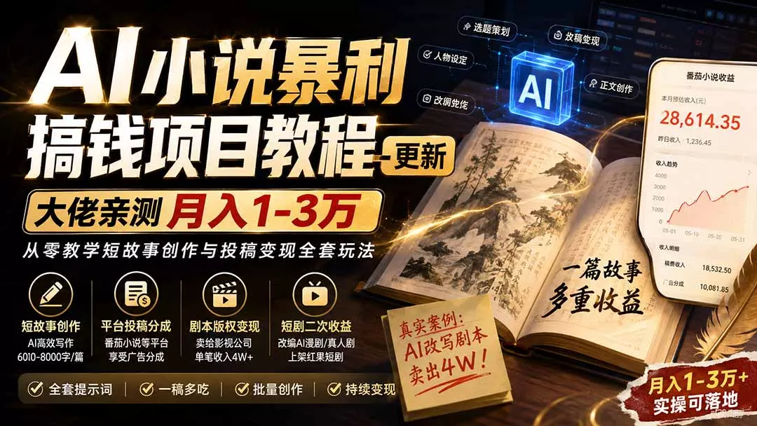 AI小说短故事暴利搞钱项目教程-更新，大佬亲测月入1-3万，从零教学短故事创作与投稿变现全套玩法-羽哥创业课堂