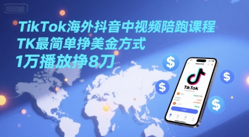 TikTok海外抖音中视频陪跑课程，TK最简单挣美金方式，1万播放挣8刀-羽哥创业课堂