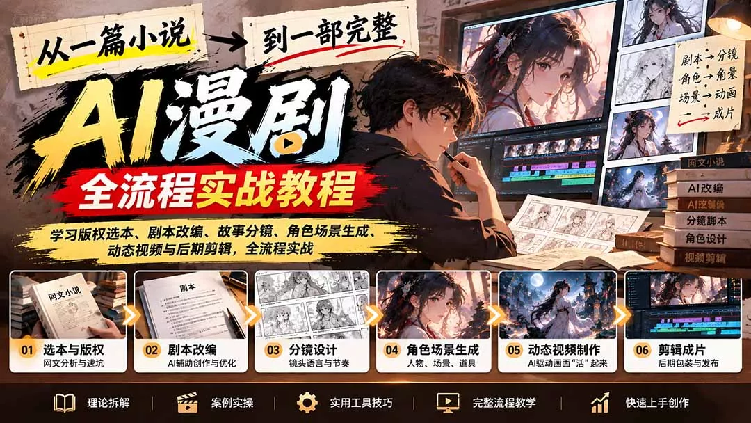从一篇小说到一部完整AI漫剧:学习版权选本、剧本改编、故事分镜、角色场景生成、动态视频与后期剪辑-羽哥创业课堂