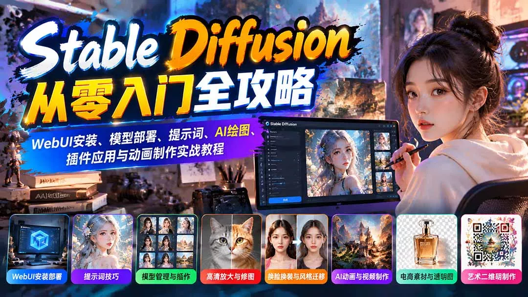 Stable Diffusion从零入门全攻略：WebUI安装、模型部署、提示词、AI绘图、插件应用与动画制作实战教程-羽哥创业课堂