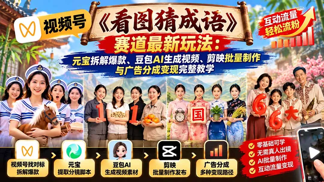 视频号《看图猜成语》赛道最新玩法：元宝拆解爆款、豆包AI生成视频、剪映批量制作与广告分成变现完整教学-羽哥创业课堂