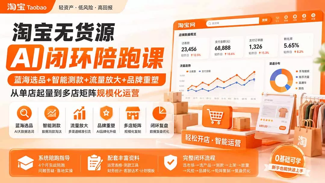 淘宝无货源AI闭环陪跑课:蓝海选品+智能测款+流量放大+品牌重塑,从单店起量到多店矩阵规模化运营-羽哥创业课堂