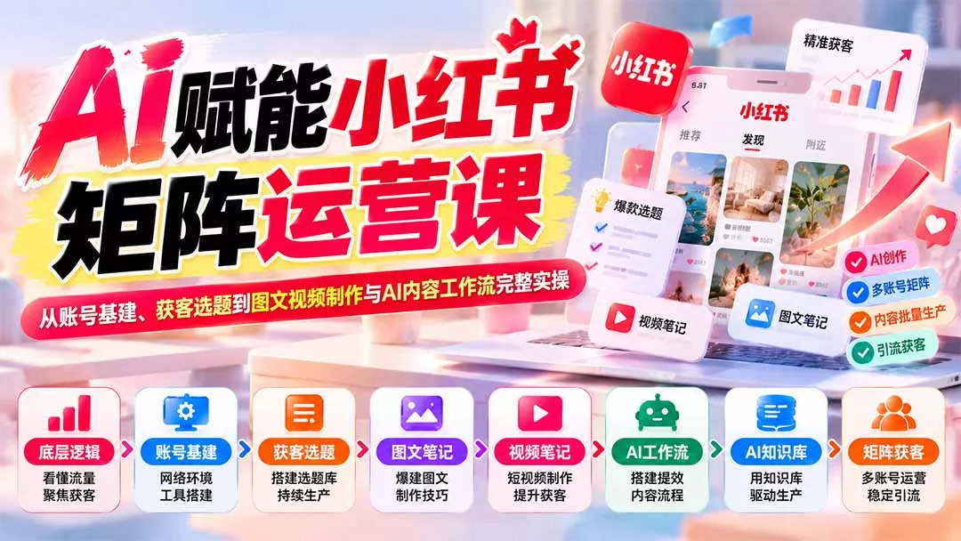 AI赋能小红书矩阵运营课:从账号基建、获客选题到图文视频制作与AI内容工作流完整实操-羽哥创业课堂