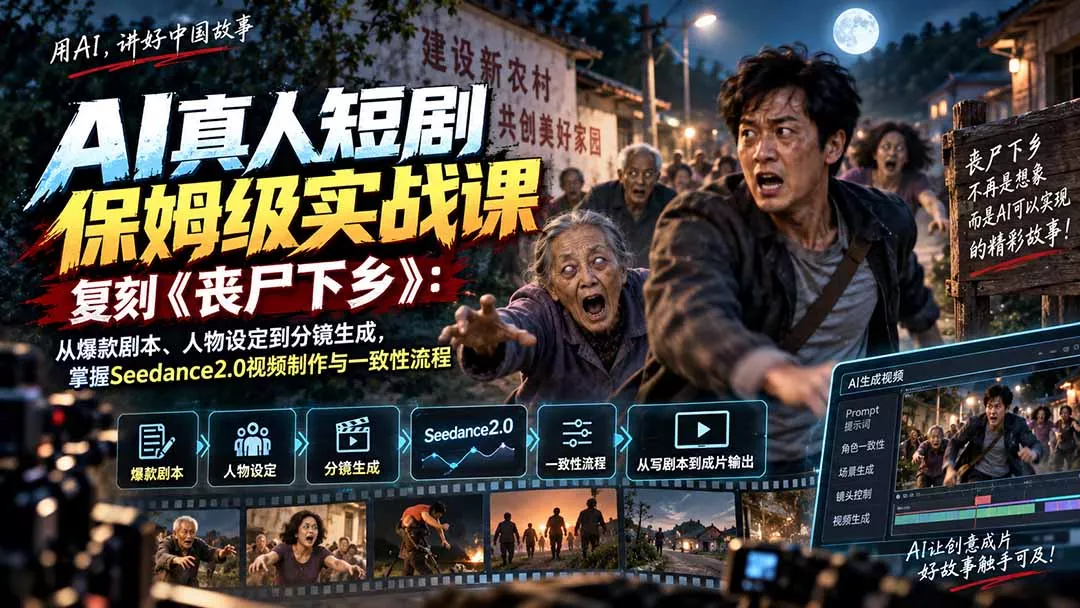 AI真人短剧保姆级实战课，复刻《丧尸下乡》：从爆款剧本、人物设定到分镜生成，掌握Seedance2.0视频制作与一致性流程-羽哥创业课堂