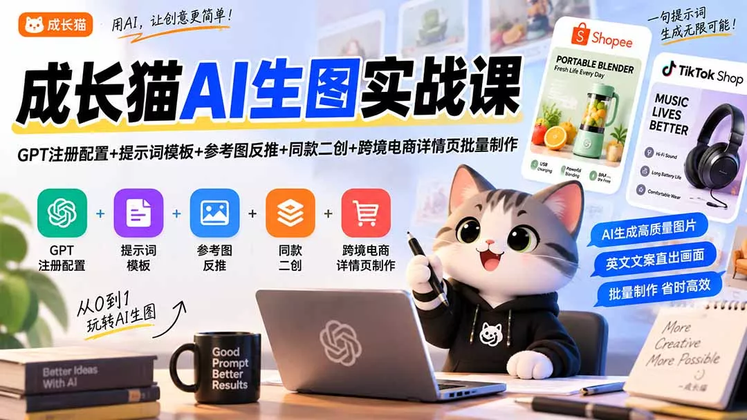 成长猫AI生图实战课|GPT注册配置+提示词模板+参考图反推+同款二创+跨境电商详情页批量制作-羽哥创业课堂