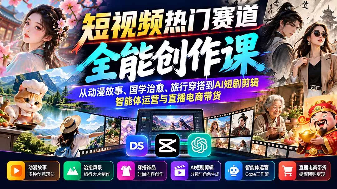 短视频热门赛道全能创作课:从动漫故事、国学治愈、旅行穿搭到AI短剧剪辑、智能体运营与直播电商带货-羽哥创业课堂
