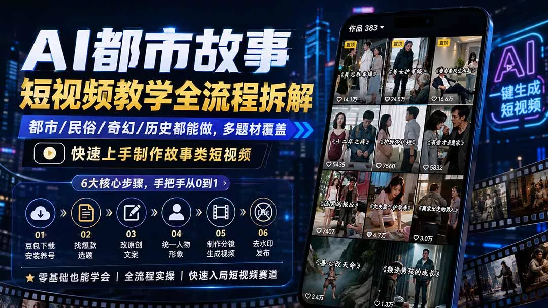 AI都市故事短视频教学全流程拆解;都市/民俗/奇幻/历史都能做多题材覆盖,快速上手制作故事类短视频-羽哥创业课堂