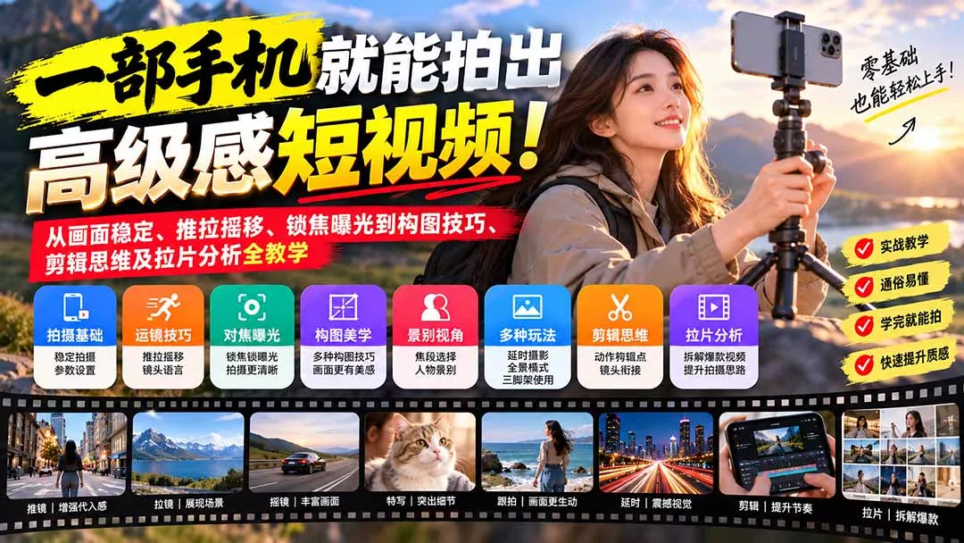 一部手机就能拍出高级感短视频！从画面稳定、推拉摇移、锁焦曝光到构图技巧、剪辑思维及拉片分析全教学-羽哥创业课堂