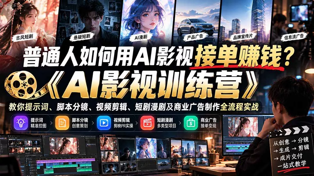 普通人如何用AI影视接单赚钱？《AI影视训练营》教你提示词、脚本分镜、视频剪辑、短剧漫剧及商业广告制作全流程实战-羽哥创业课堂
