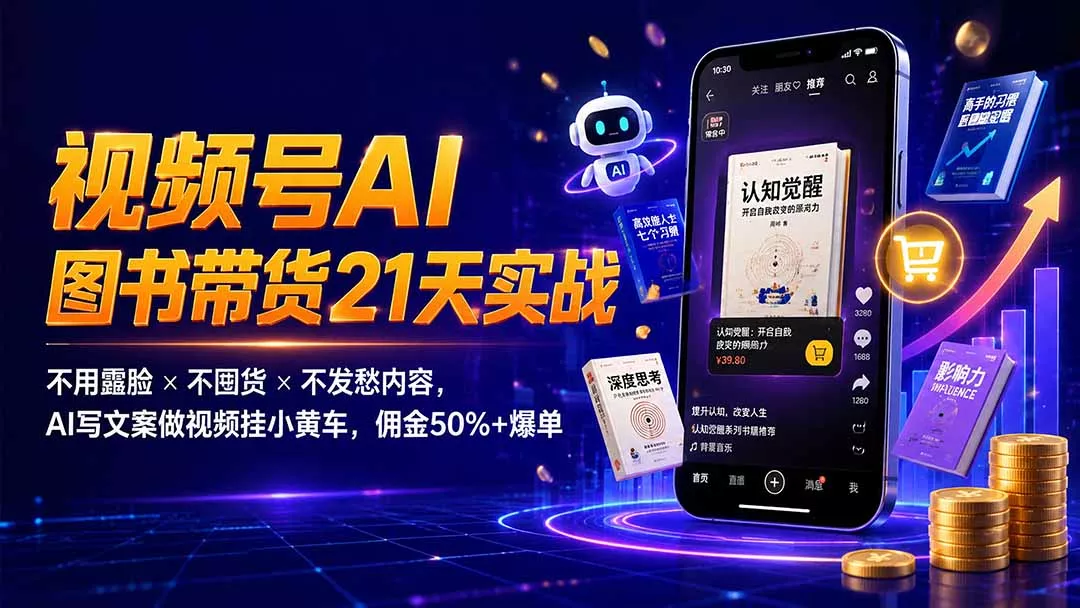 繁花视频号AI图书带货21天实战:不用露脸×不囤货×不发愁内容,AI写文案做视频挂小黄车,佣金50%+爆单-羽哥创业课堂